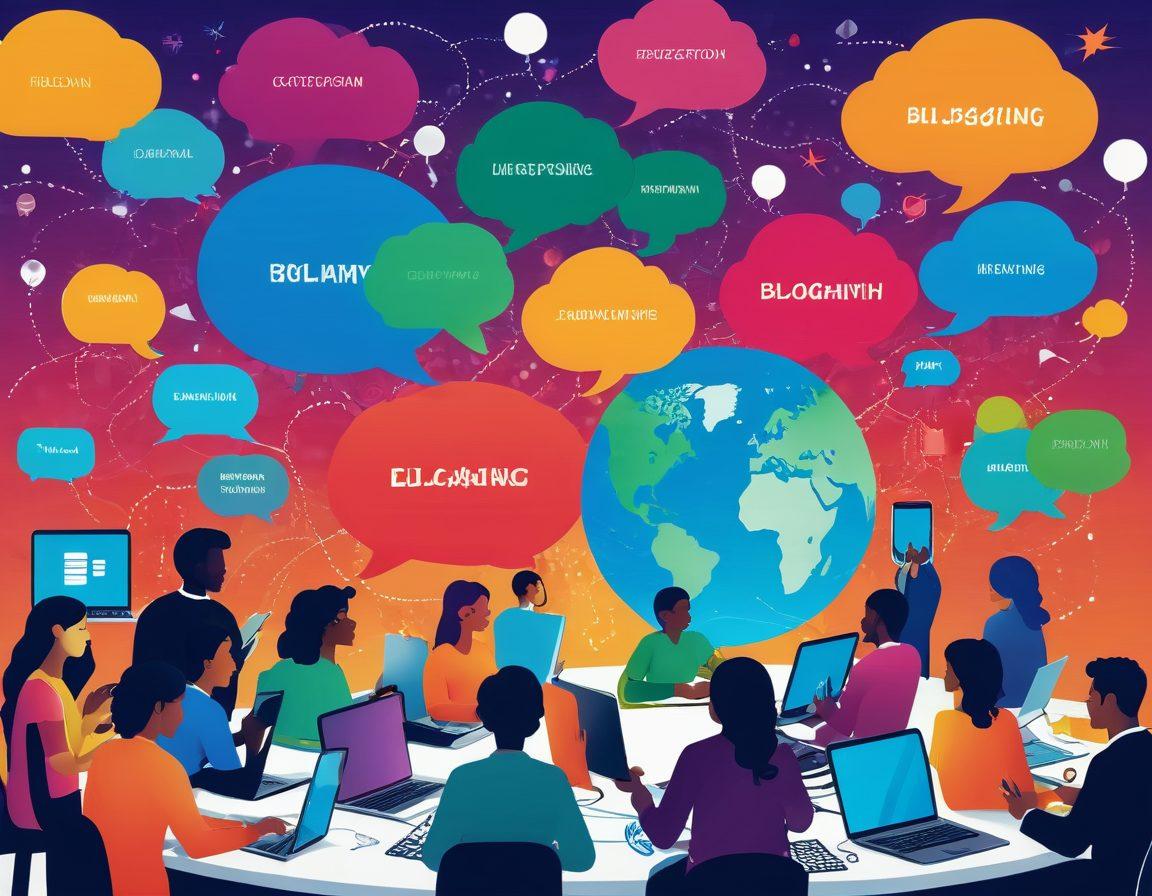 A vibrant digital landscape depicting diverse individuals engaging with their online journals, surrounded by thought bubbles filled with ideas, comments, and posts. The scene highlights various devices like laptops and tablets with colorful screens, symbolizing connection. A globe in the background represents the global community aspect of blogging. The atmosphere is lively and inviting, encouraging collaboration and creativity. vector art. vibrant colors. 3D.