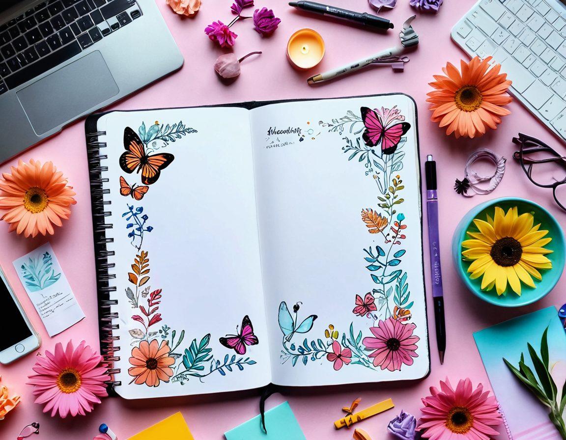 A whimsical digital diary spread open, filled with colorful sketches, vibrant sticky notes, and creative doodles. Surrounding the diary are various blogging tools like a laptop, camera, and art supplies, with a dreamy glow illuminating the scene. Add in elements of nature like flowers and butterflies to symbolize creativity and inspiration. The background features a soft pastel gradient that is soothing to the eye. super-realistic. vibrant colors. dreamy atmosphere.