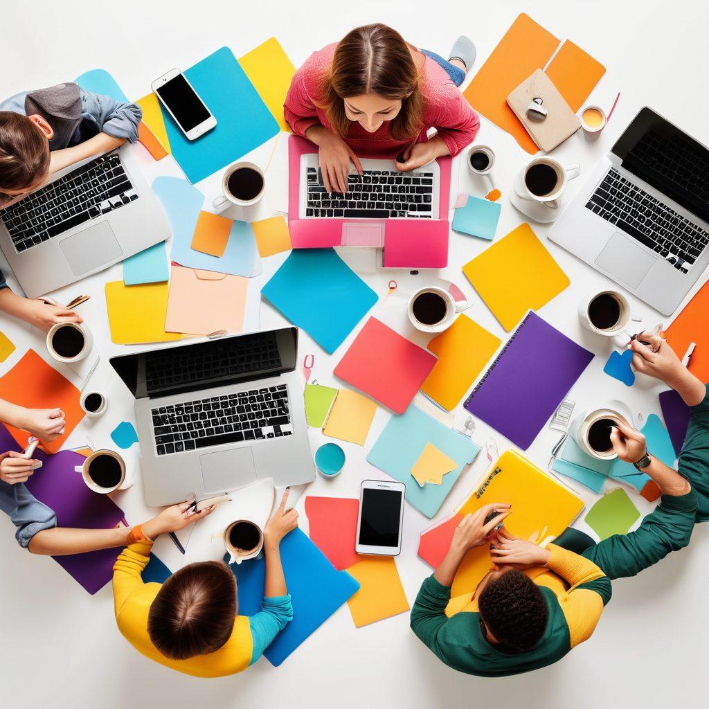 A vibrant collage of a diverse group of bloggers enthusiastically creating content, surrounded by colorful notebooks, laptops, and coffee cups. Include visual elements representing engagement like thumbs-up icons and speech bubbles. The background should be filled with digital elements, symbolizing online platforms. The atmosphere should feel energetic and inviting. super-realistic. vibrant colors. white background.